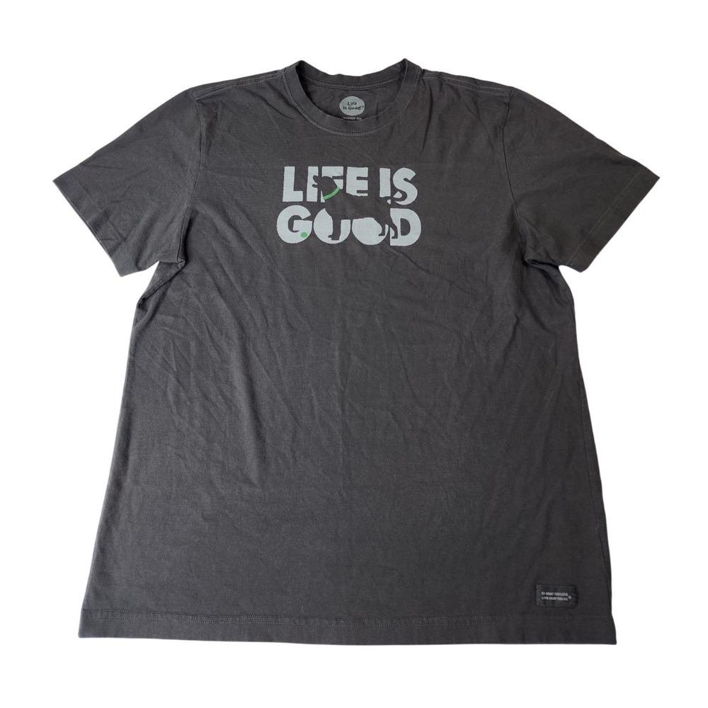 Life is Good Crusher Tee Large Charcoal Grey Dog Graphic Cotton Positive Vibes‎